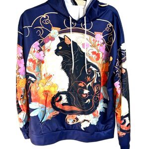 Women’s Graphic Hoodie Cat Floral Print Size L Casual Sweatshirt